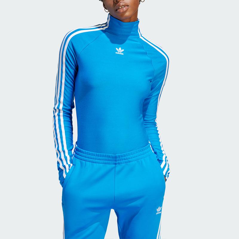 adidas Футболка Originals Spice Girl Series с тремя полосками и вышитым логотипом, приталенная, с длинным рукавом и воротником-стойкой, женская, синяя IV9330
