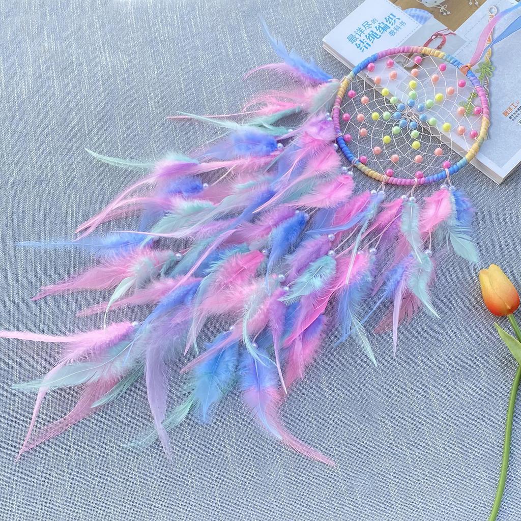 Crafts Girl Heart Dreamcatcher Hanging Decorations Color Beads Feather Wind Chime Wall Hanging To Send Girls
