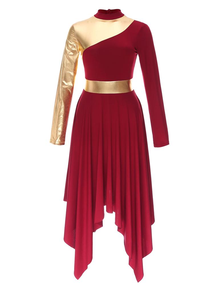 Women Slim Waist Party Gown Praise Liturgical Lyrical Dance Dress High Low Worship Costume Metallic Color Block Dress