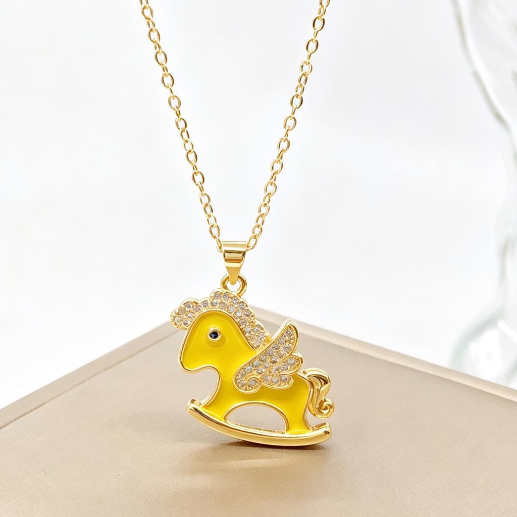 Gold Plated Cute Enamel Rocking Horse Pendant Necklace Zircon Winged Unicorn Necklace For Women Kids Party Birthday Jewelry Gift