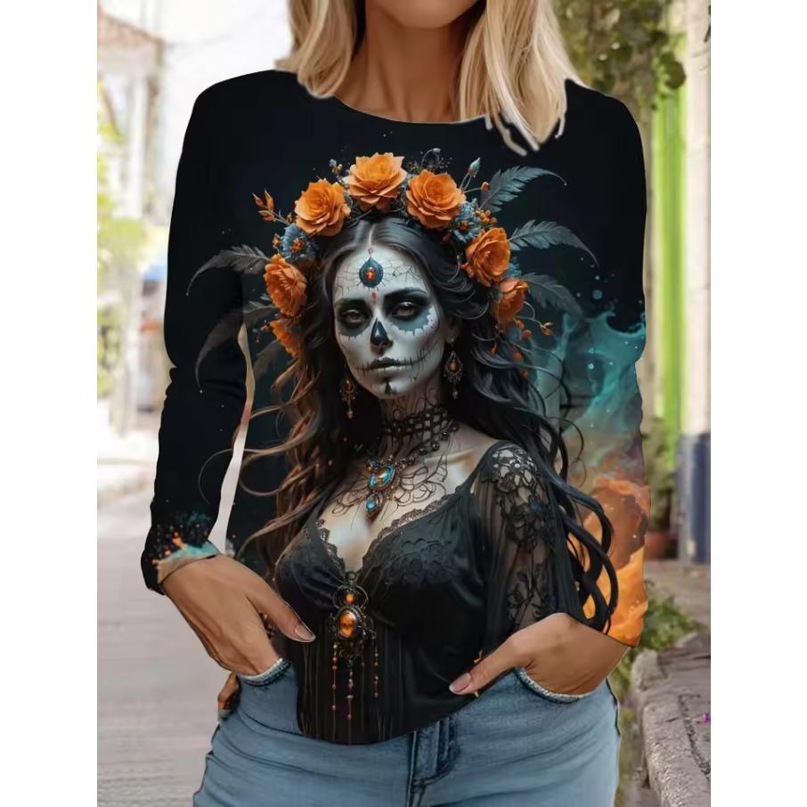 Sugar Skull Pattern Womens Long Sleeve Shirt Day of the Dead Shirts Fashion 3D Printed Tops Summer Gothic Style Women's Clothing