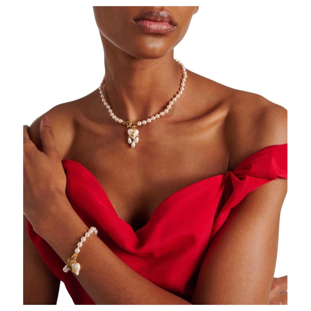 Vivienne Westwood Sheryl Heart Pearl Pendant Recycled Brass Glass Pearl Necklace Unisex necklace Gold 6301012B02R107