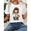 Casual Skeleton Girl Graphic Slim Fit Round Neck Short Sleeve Women T-Shirt, Cotton, Suitable For Summer