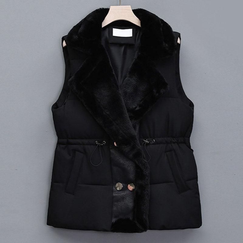 Autumn Winter Women Vest Fur Integrated Lapel Drawstring Horse Jacket with Lamb Fur Patchwork Down Cotton Vest Female Waistcoat