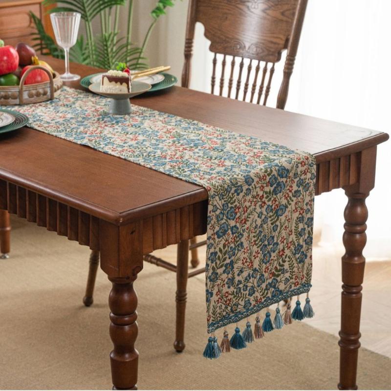 Jacquard Tassel Table Runner Long Strip Thick Wear-resistant Retro Countryside Home Kitchen Restaurant Decoration Table Runner