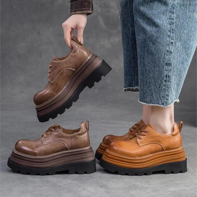 Johnature Туфли на плоской платформе на толстой подошве в стиле ретро, ​​универсальная модная женская обувь с круглым носком и шнуровкой