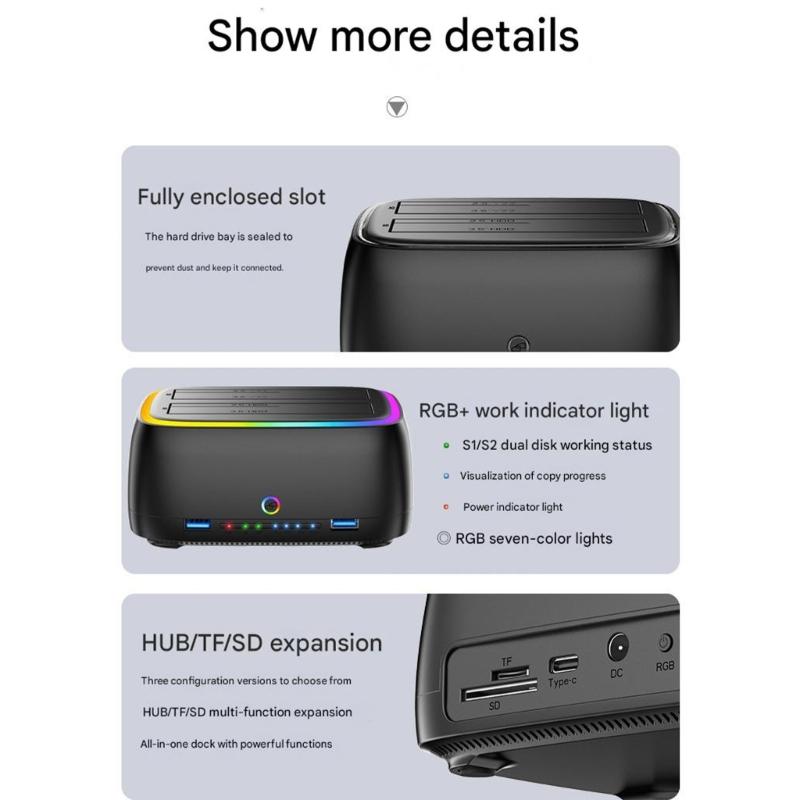 Multifunctional 2.5inch/3.5inch External Hard Drives Enclosure Case Type C Docking Station Hard Drive Case with LED