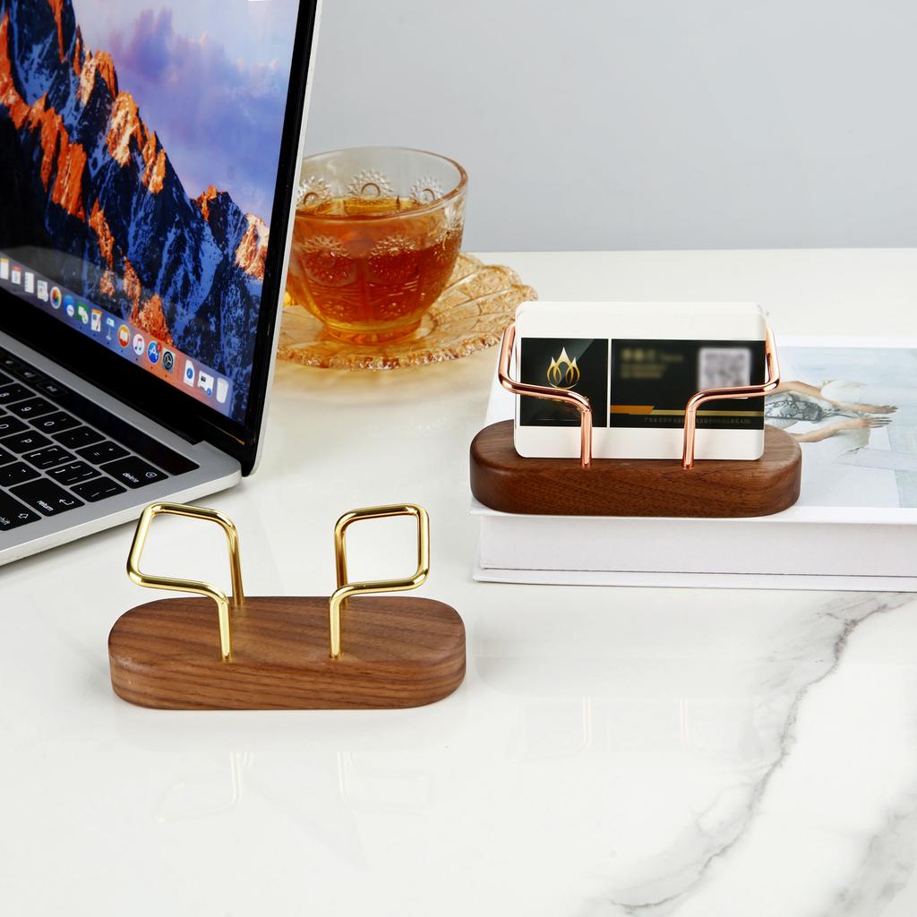 Wooden Business Card Holder Metal Organizer Office Desk Display Stand Memo Counter Accessories Tabletop Card Holder Storage