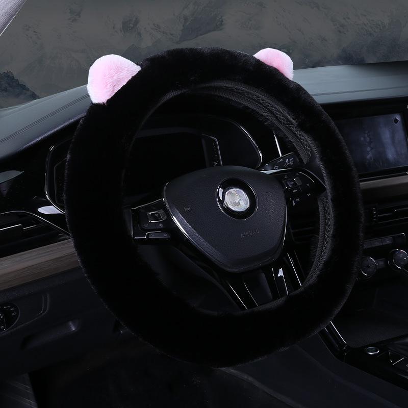 Чехол на руль автомобиля с искусственными ушками из меха кролика выдры, плюшевый чехол на ручку автомобиля, зимний теплый универсальный эластичный чехол на ручку автомобиля
