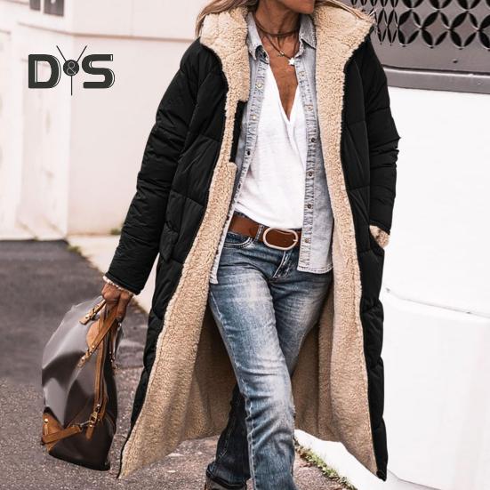 Women Winter Splicing Long Coat Hooded Long Sleeve Fleece Lining Outwear Zipper Placket Pockets Double Sided Wear Long Down Jacket