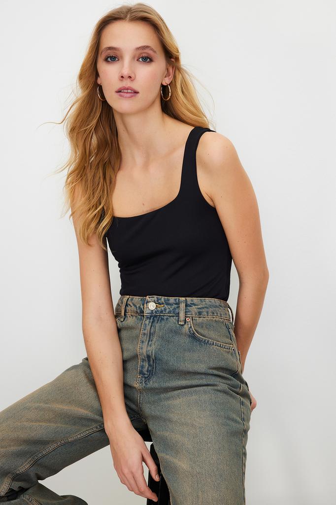 Women's Fashion New Body Green Square Collar Fitted Soft Touch Stretchy Knitted Body with Soft Snaps