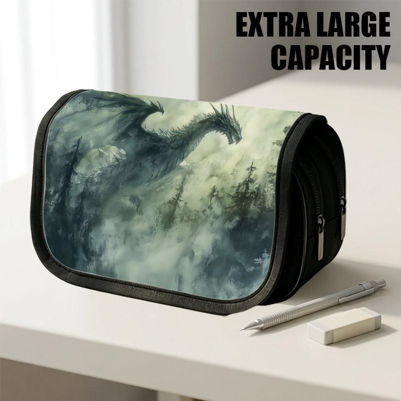 1pc Large Capacity Flip-Top Pencil Case Suitable for School & Office, Thickened Oxford Pencil Bag with Double-Layer Zipper & Mystic Dragon Forest Gree