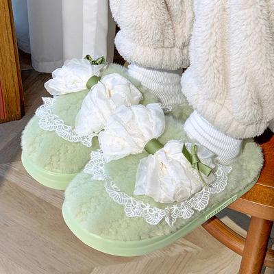 Хлопковые тапочки на толстой подошве женские осенне-зимние для улицы, для дома, милые с бантом, плюшевые тапочки женские зимние