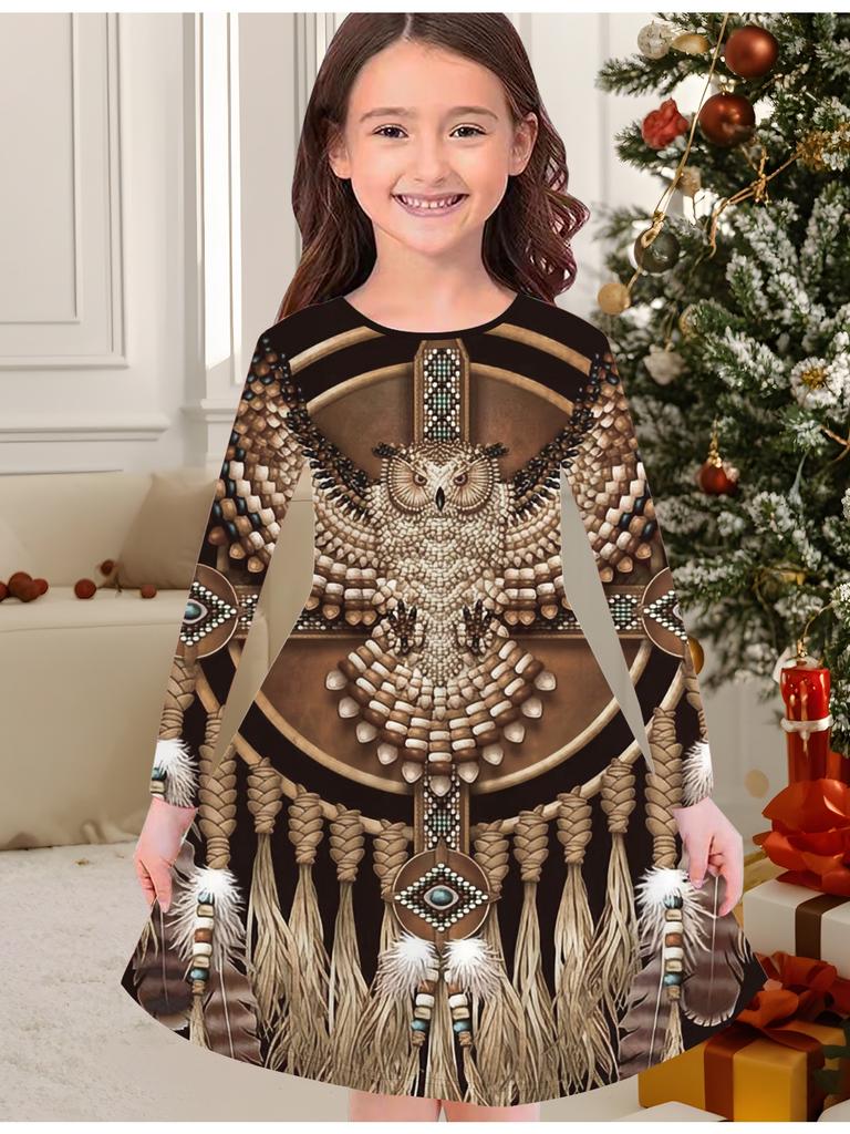Girls' Autumn and Winter Fashion Dress, 3D Abstract Pattern Print Round Neck Long Children's T-shirt Dress, Casual Versatile, Christmas Clothing
