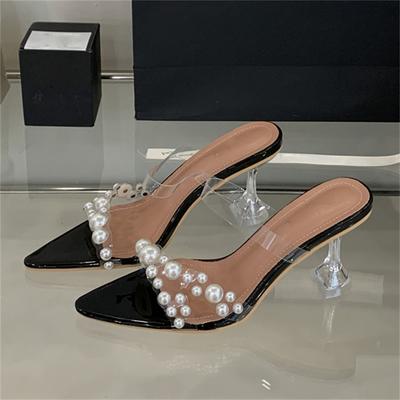 Eilyken Новые летние туфли-лодочки с острым носком, кристаллами и высоким каблуком, женские шлепанцы, прозрачные ПВХ, с жемчугом, для банкета, вечеринки, слайды