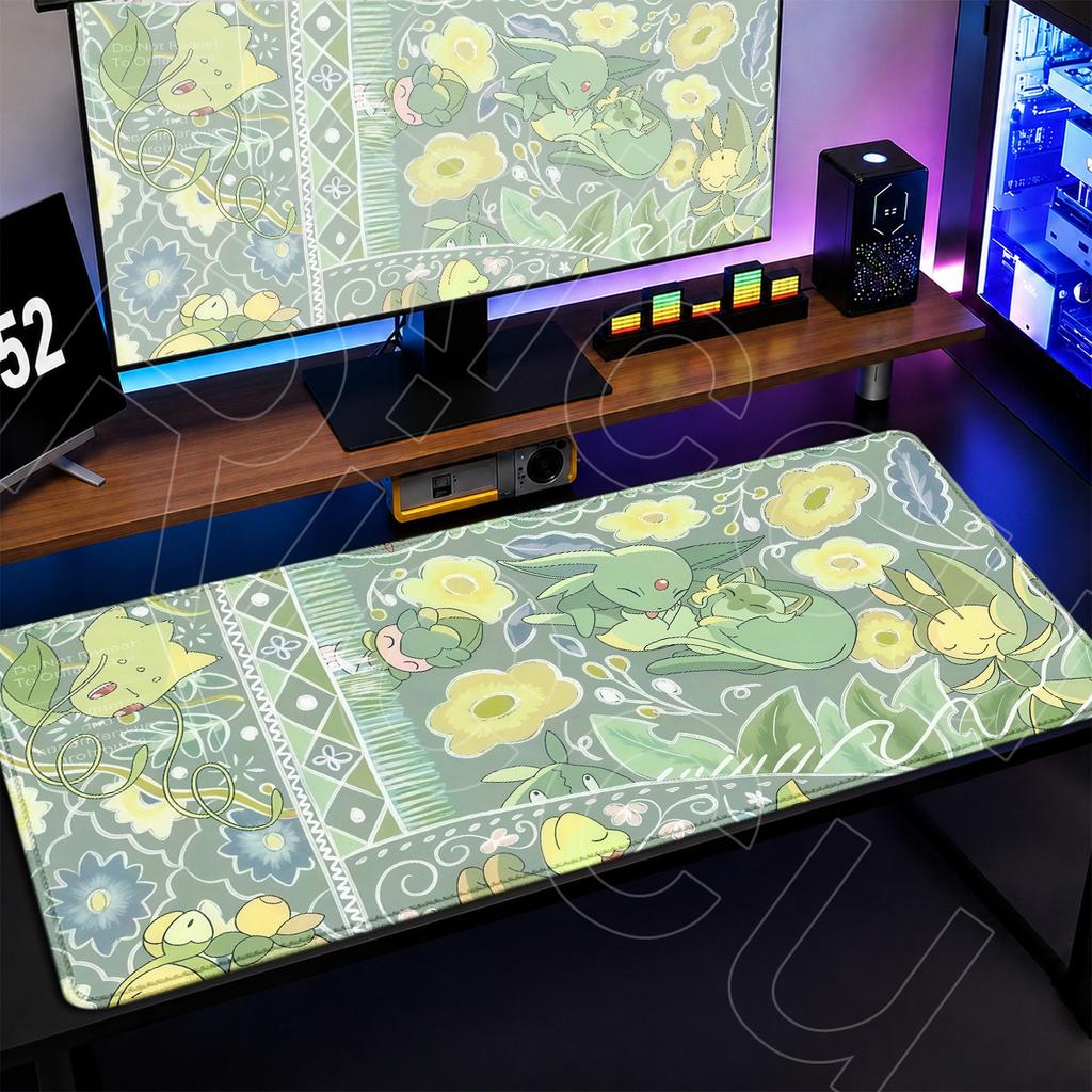 Office Gamer Decoration Mouse Mat Chikorita Anime Green Mouse Pad Large Desktop NonSlip Keyboard Rug Notebook Protector