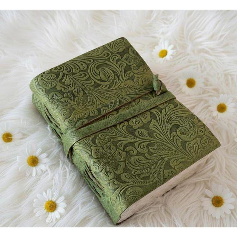Embossed Flower Leather Journal: Handmade Deckle Edge Grimoire Meditation Gifts