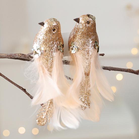 2 Pcs Artificial Simulation Birds Ornament Glitter Feathered Bird Christmas Tree Ornaments Clip Foam