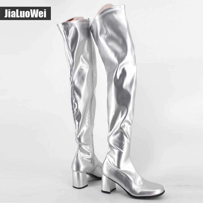 Women Classic Retro Boots JIALUOWEI Sexy Zipper Over the Knee Thigh Boots Square Block Heel Glitter Elegant Dance Party Boots