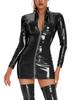 Женское кожаное облегающее мини-платье с блестящим металлическим длинным рукавом и воротником-стойкой, клубное платье