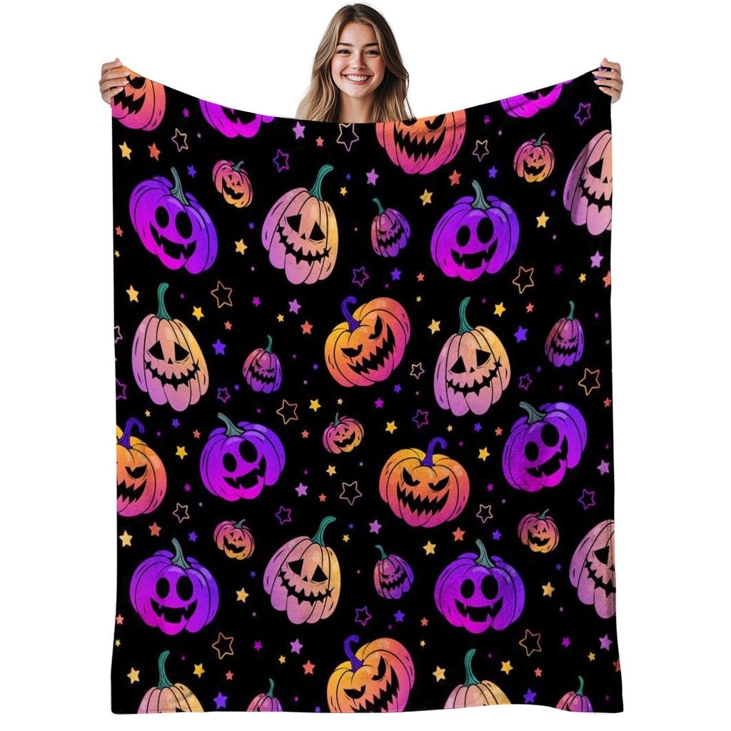 1pc Soft Warm Flannel Blanket - Heavyweight 280GSM Plush All-Season Throw - Halloween & Fall Decor with Pumpkin, Jack-O'-Lanterns in Orange, Purple, G