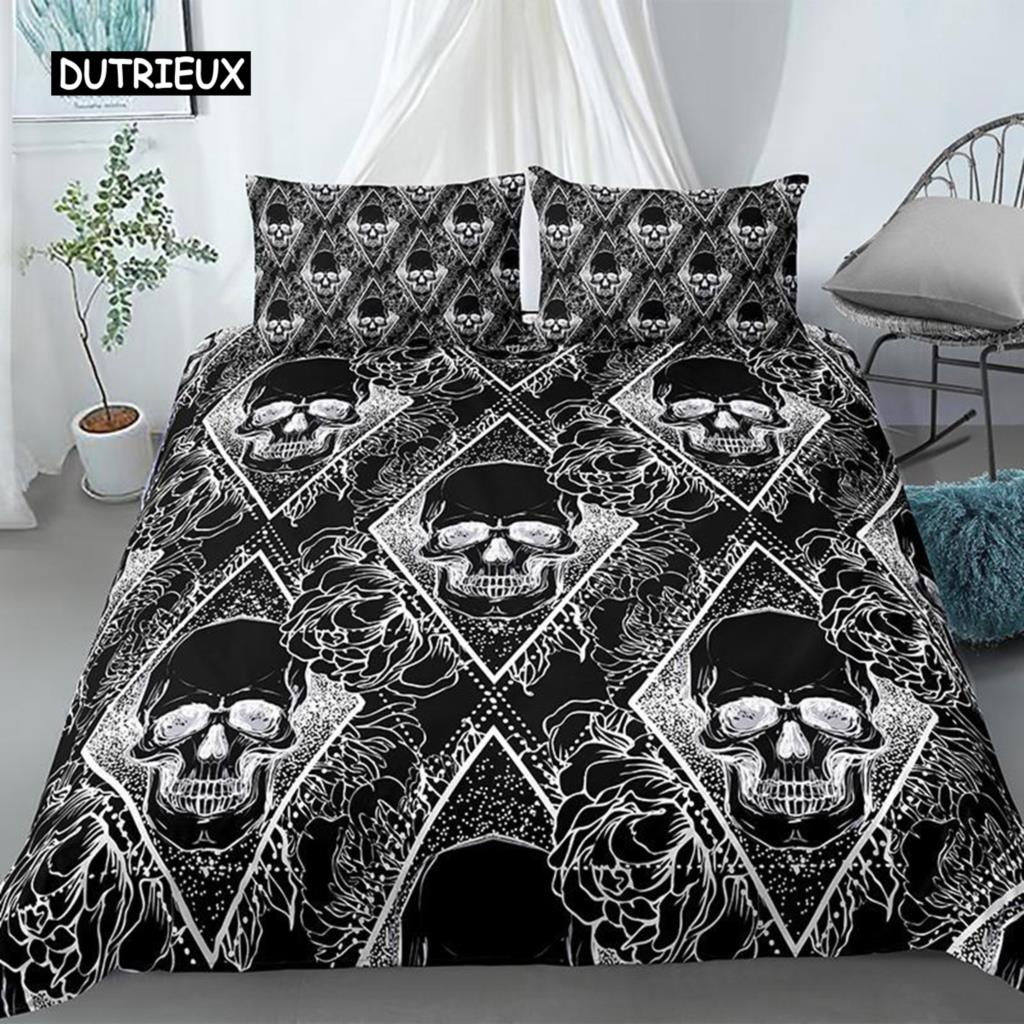 Skull Duvet Cover Set Queen Black Skeleton Paisley Floral Pattern Bedding Set for Teen Adult Polyester Halloween Comforter Cover