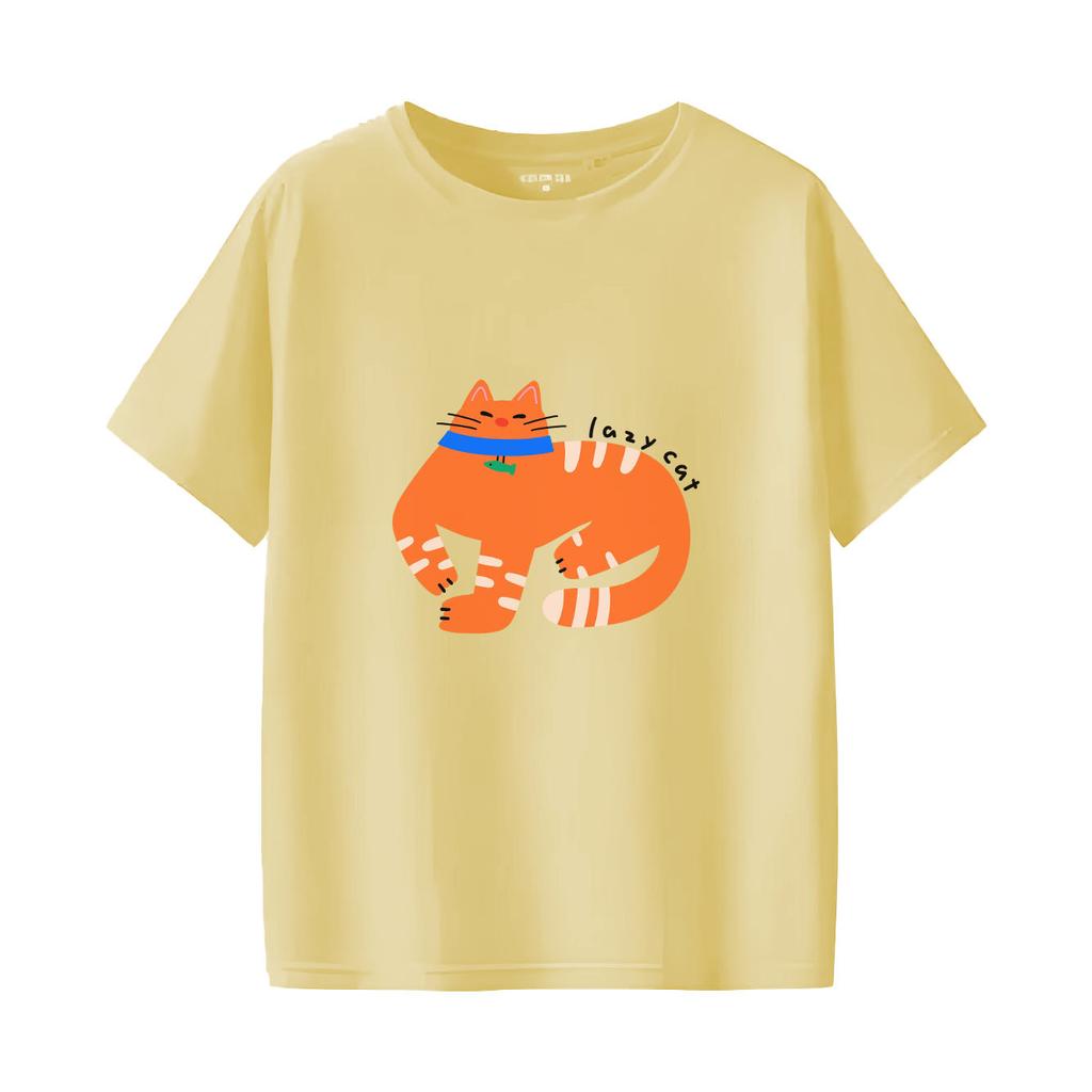 Cartoon orange cat printed short sleeved round neck Womens Tshirt for spring and summer versatile Womens Tshirt