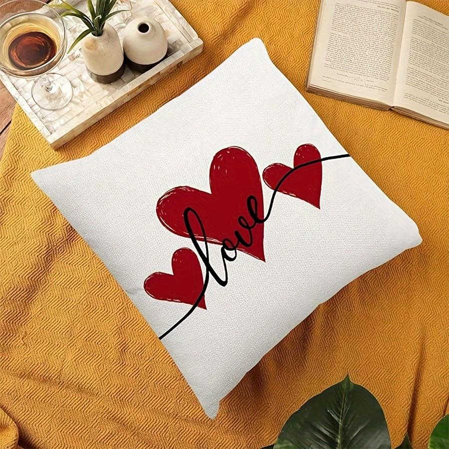 1pc Country-Rustic Linen Throw Pillow Cover, Woven Decorative Cushion Case with Watercolor Hearts Love Design, Machine Washable