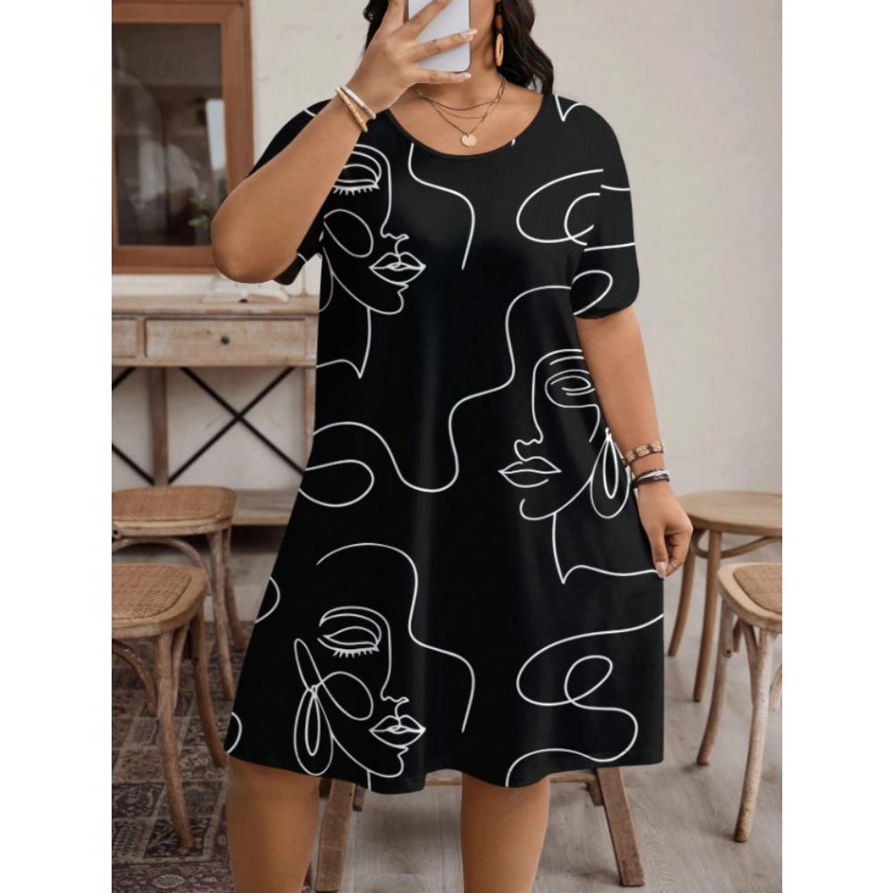 New Fashion 2025 Summer Casual Home Women's Clothing Medium Skirt Round Neck Portrait Print Short Sleeve Dress Women's Clothing
