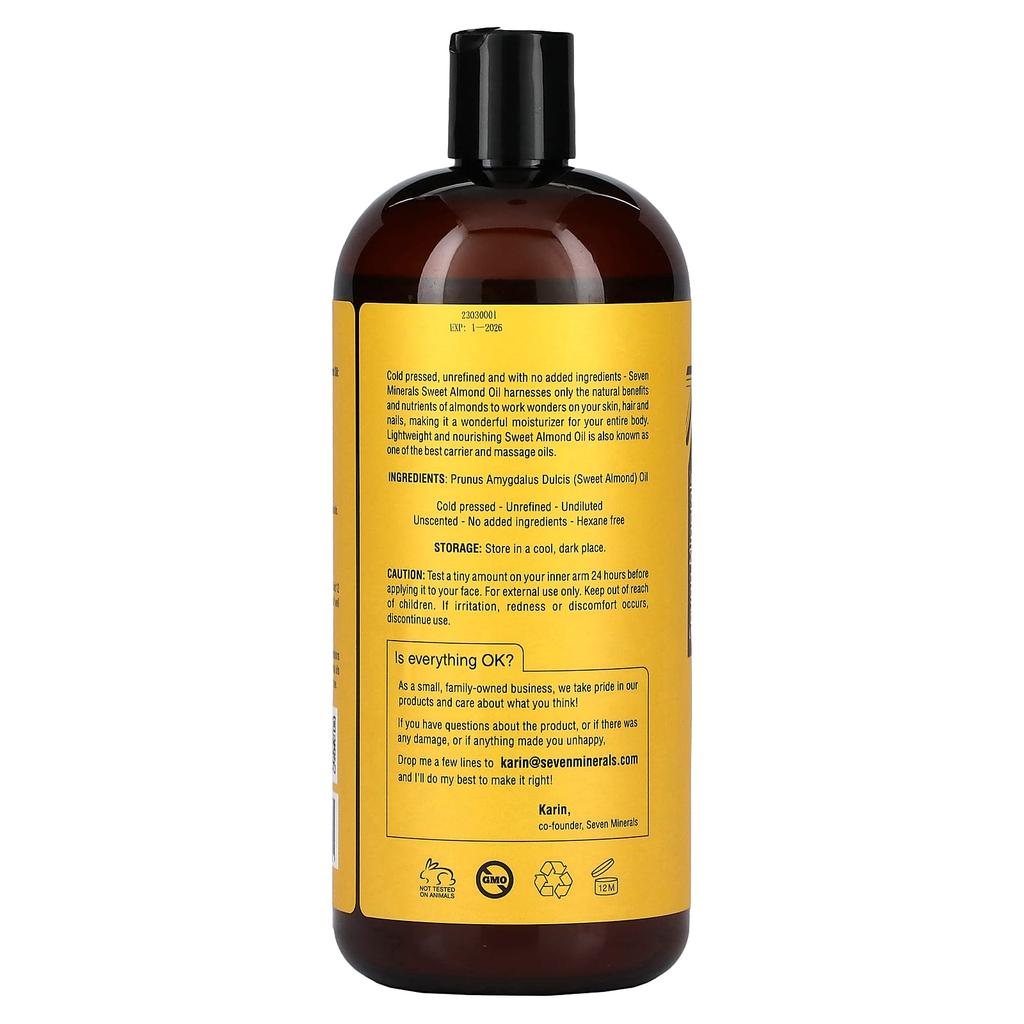 Seven Minerals Sweet Almond Oil, Cold Pressed and Unrefined, Unscented, 32 Fl Oz (950 Ml)