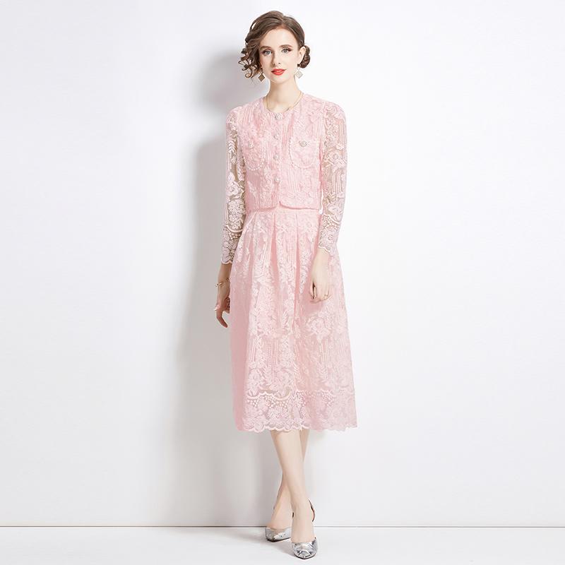 Женский комплект из двух предметов с цветочной вышивкой, женский костюм, элегантная рубашка с длинным рукавом, юбка средней длины, комплект из 2 предметов