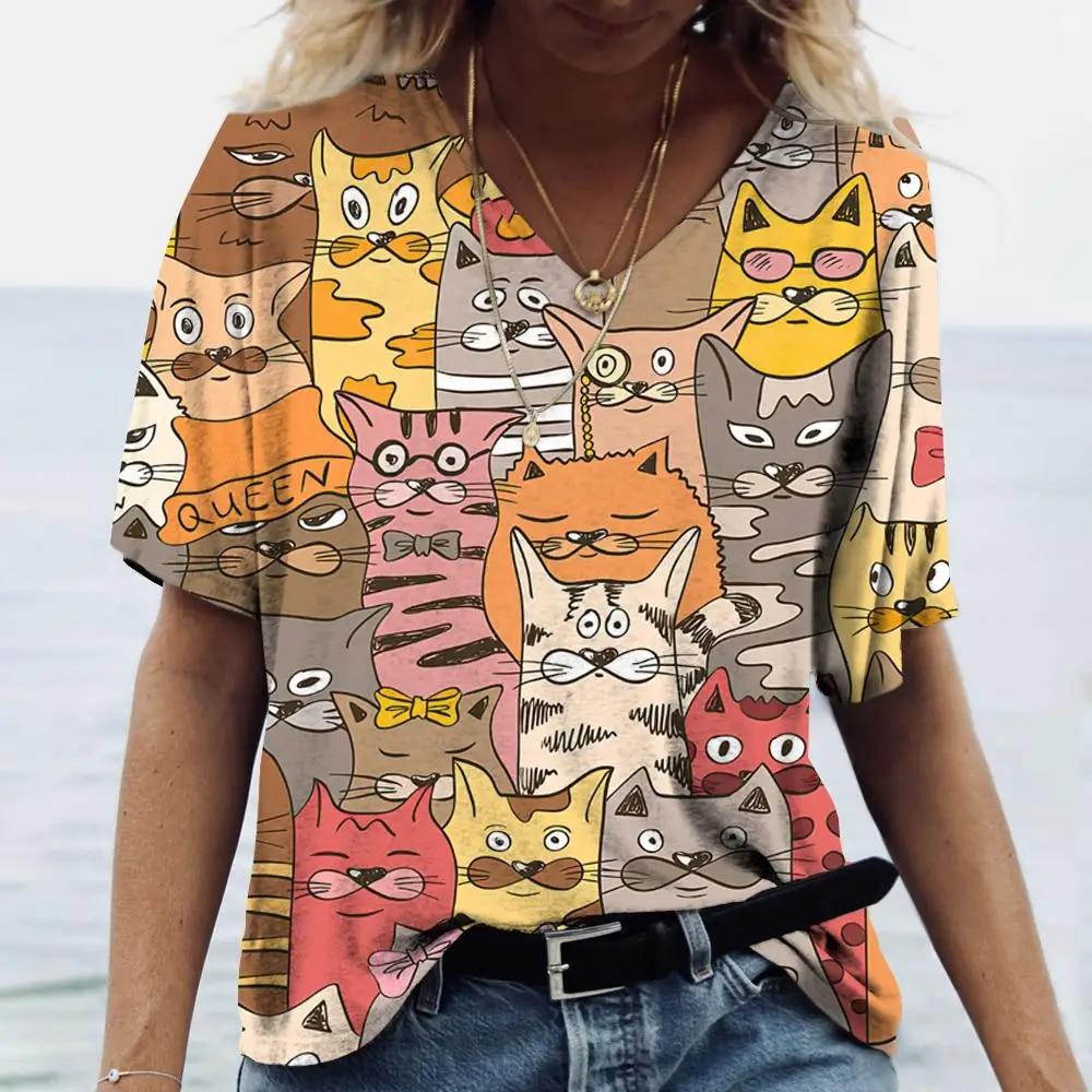 Женская футболка с рисунком котенка, одежда в стиле Харадзюку, летний пуловер с v-образным вырезом для девочек, хлопковые футболки с короткими рукавами, женская повседневная уличная одежда