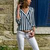 Casual Loose V-neck Striped Chiffon Long-Sleeved Women's Pullover Shirt