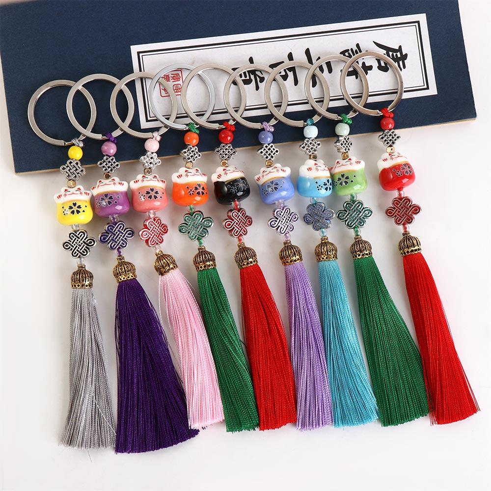 Cat Random Tassel Chinese Knot Weaving Key Chains Key Holder Lucky Cat Keychain Lucky Cat Keyring