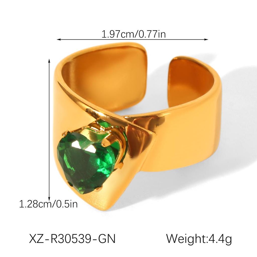 Retro Green Gemstone Zircon Stainless Steel Open Ring for Women