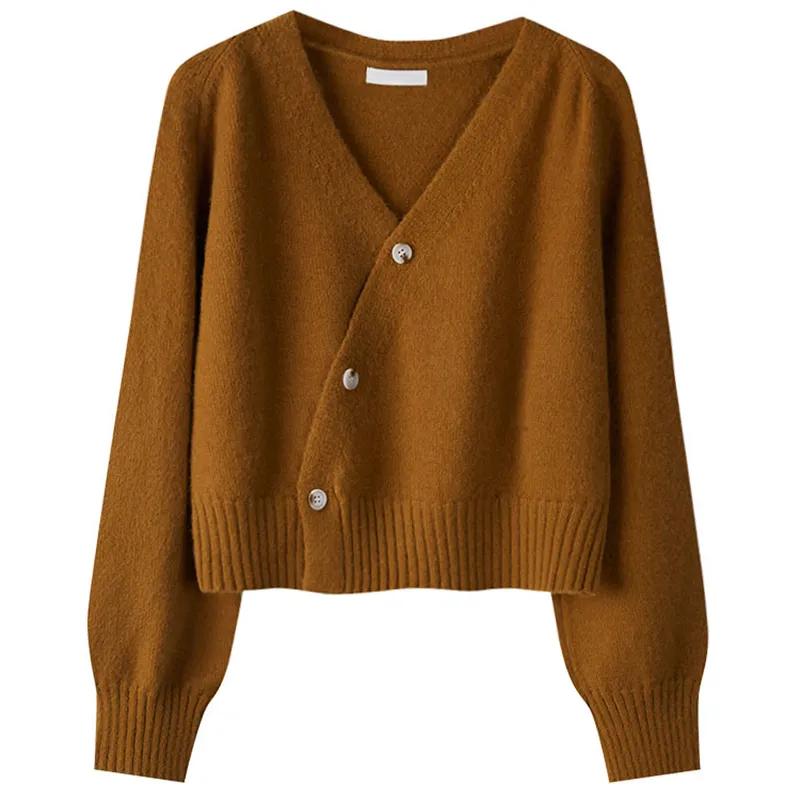 Autumn Winter Skew Button Cardigan V-neck Sweater Women Knitted Long Sleeve Tops Korean Loose Solid Cashmere Sweater for Woman