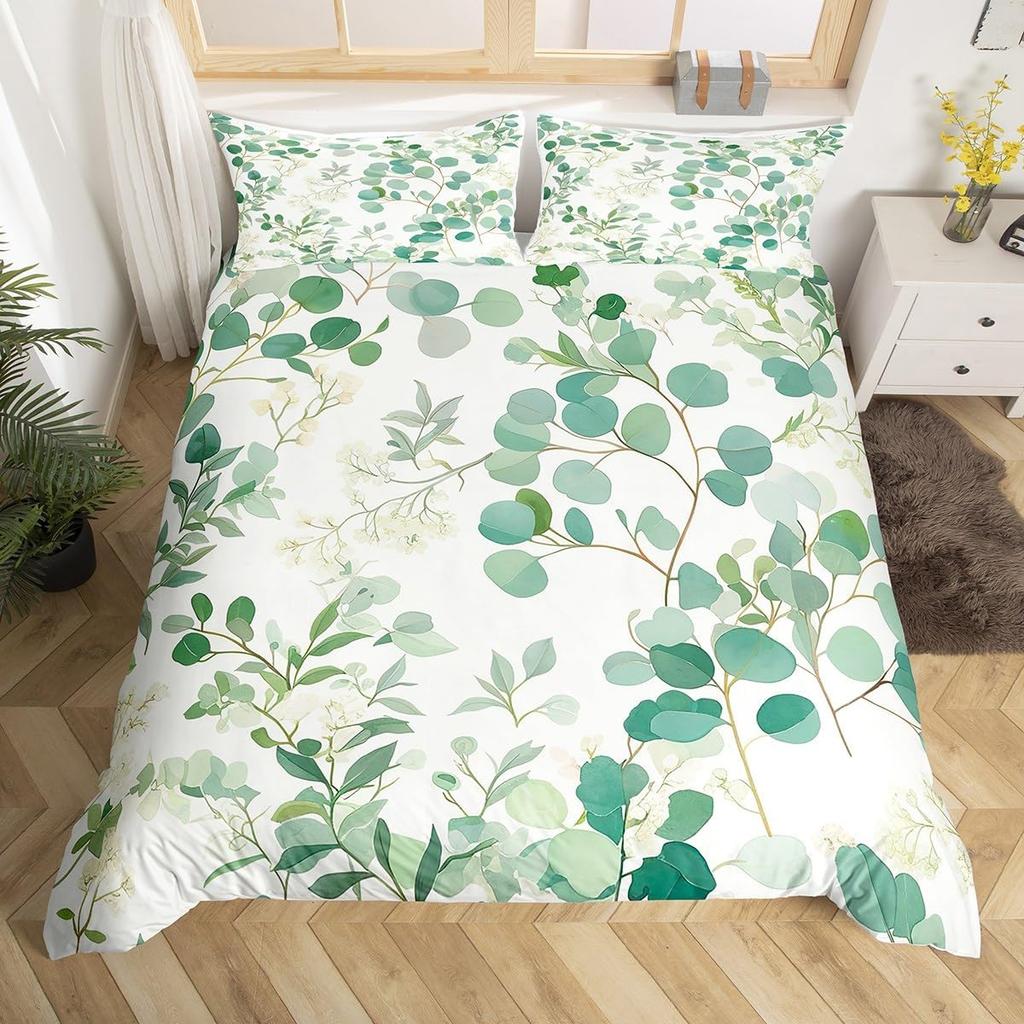 Sage Green Botanical Comforter Cover Eucalyptus Leaves Duvet Cover Spring Watercolor Plants Bedding Set Rustic Farmhouse Bed Set