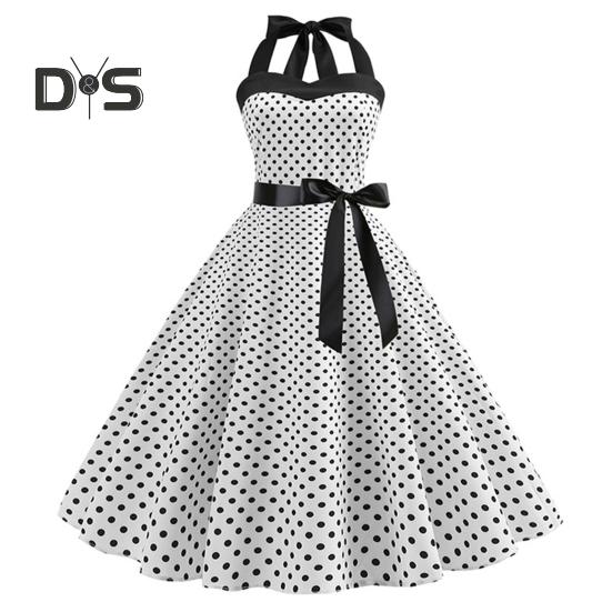 Женское платье миди с бретелью через шею, шнуровкой, облегающим, с высокой талией, бантом, без рукавов, А-силуэта, свободным подолом, принтом в горошек, в стиле ретро 50-х 60-х годов, женское платье для выпускного вечера с открытой спиной