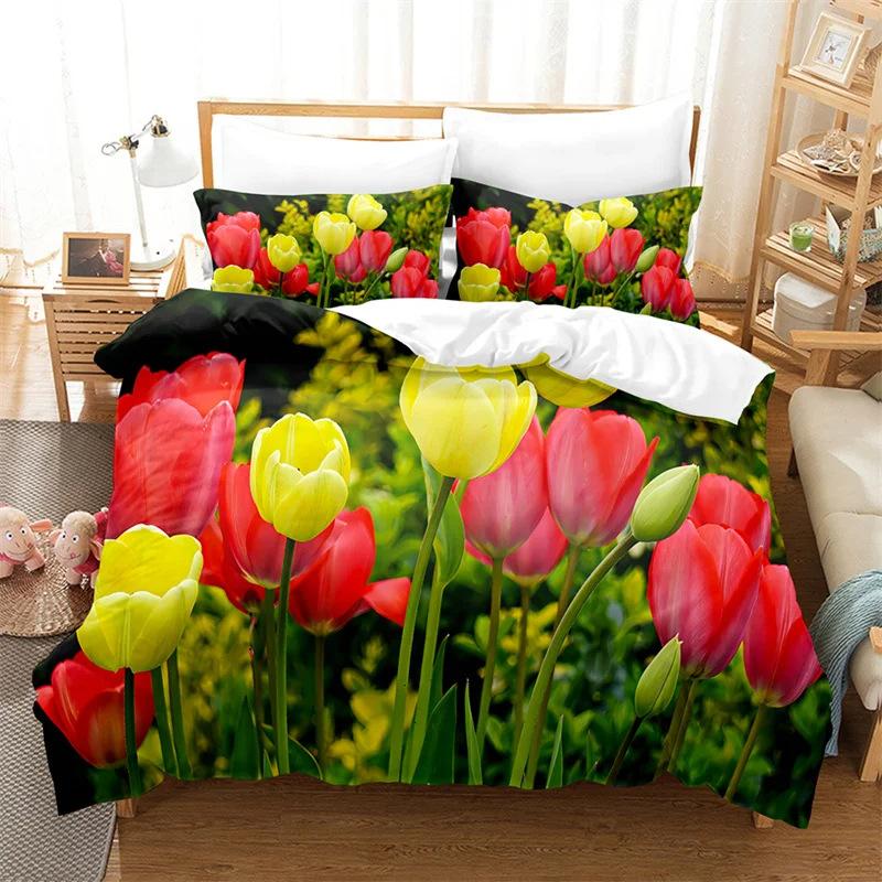 Color Tulip Pattern Bedding Set Down Duvet Quilt Cover Set 3D Digital Printing Quilt Cover Three-piece Set