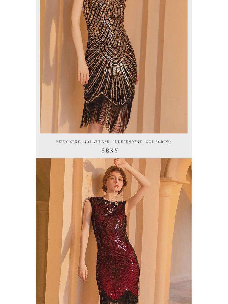 Sequined Gatsby Tassel Evening Dress: Retro Ball Gown for Banquets and Dance