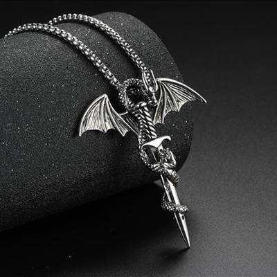 Кулон из нержавеющей стали в виде дракона захватившего меч