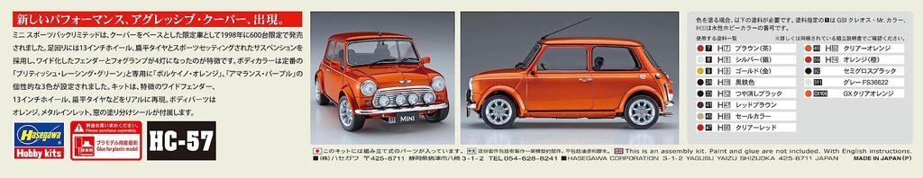 Hasegawa Mini Cooper Sports Pack Limited Пластиковая модель HC57 1/24 (1998)