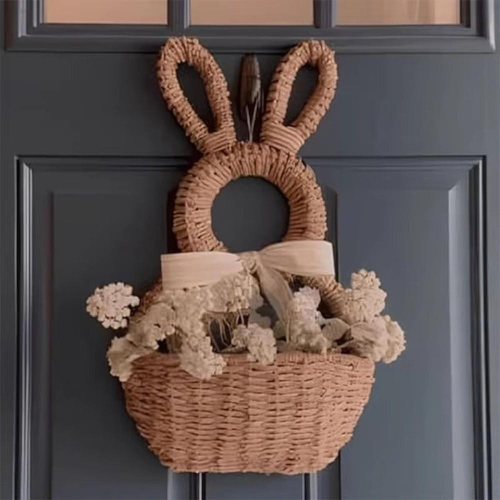 Hand Woven Bunny Flower Basket Handmade Bunny Basket Wreath Easter Bunny Basket  Wall Decoration