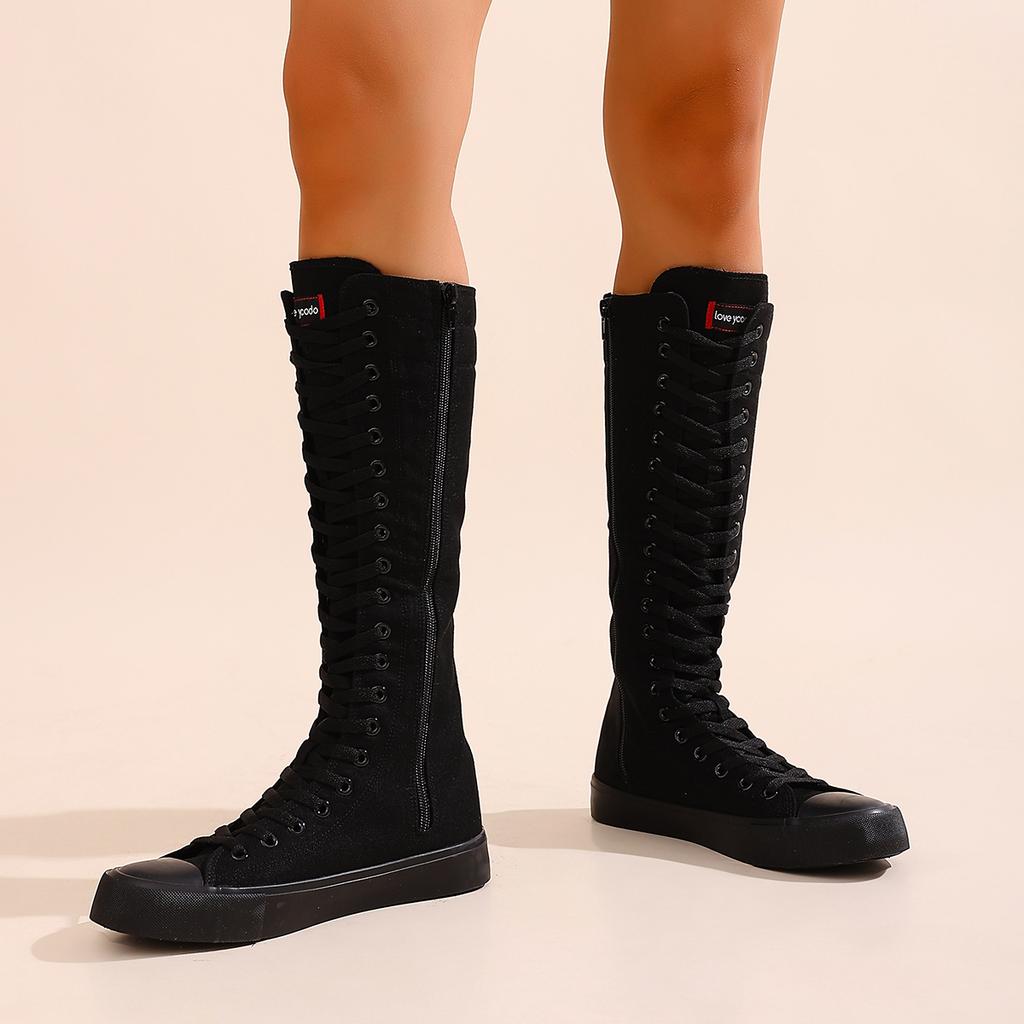 Женские длинные ботильоны до щиколотки, модные и удобные парусиновые сапоги до середины икры для девочек, подходящие для посещения вечеринок и повседневных прогулок