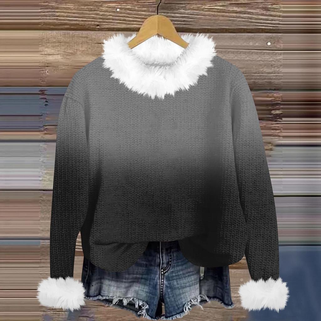 Свитшоты для женщин Вязаный свитер Милая рубашка Осенний круглый вырез Пуловер с меховым воротником Топы