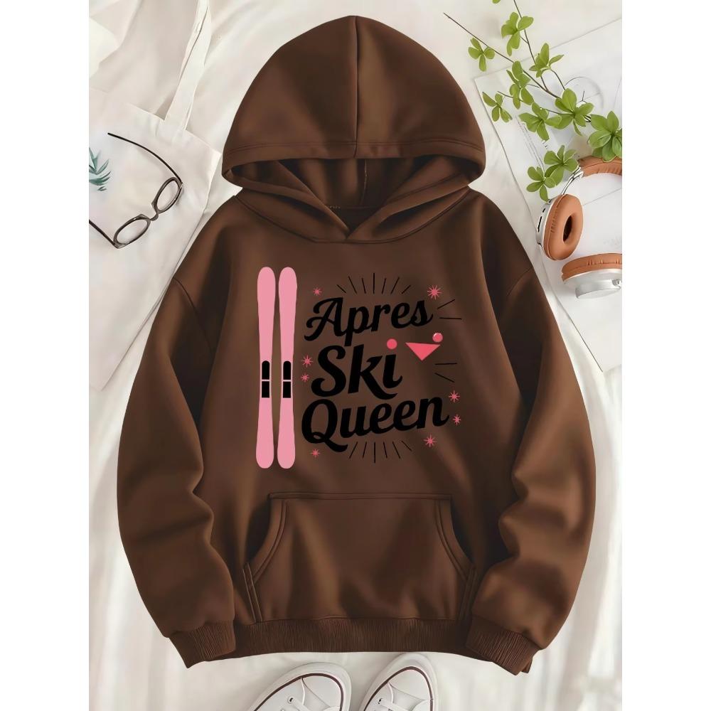 Women Snowboard "Apres Ski Queen" Print Fleece‑Lined Hoodie Warm Casual Sweatshirt With Pocket