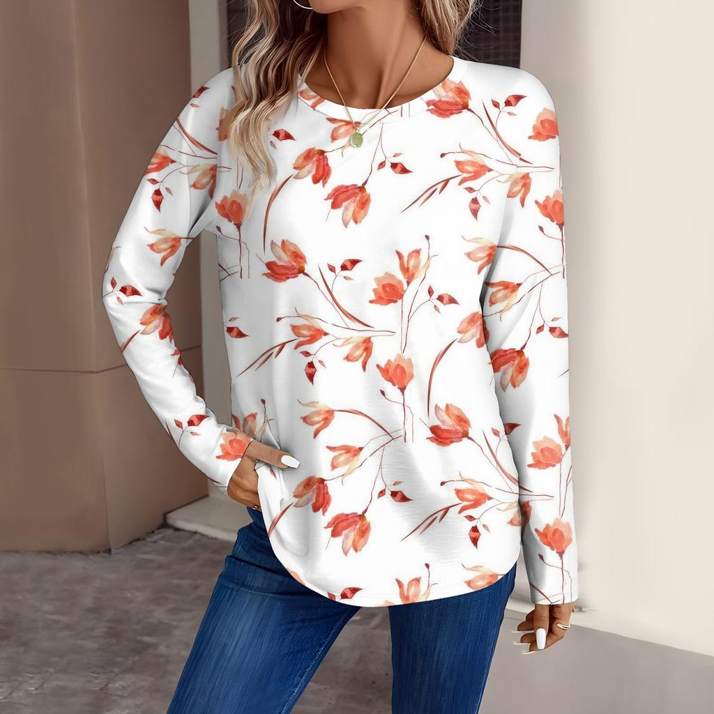 Women's Fashion Casual Long Sleeve Floral Print Round Neck Top