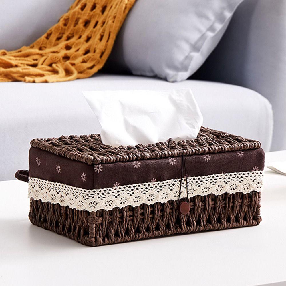 Household Tissue Holder Hand Woven Tissue Box Cover Multi-functional Napkin Case Bathroom