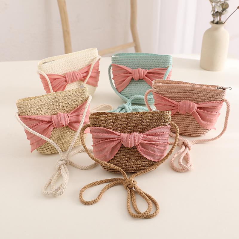 Летняя пляжная шляпа от солнца для девочек, милая соломенная шляпа с бантом и сумка на плечо, комплект из 2 предметов, уличная солнцезащитная шляпа, детские пляжные шляпы