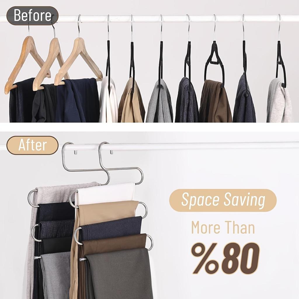 5 Layer Stainless Steel Pants Hanger S Shape Non Slip Multi Layer Closet Organizer Space Saving Jeans Trousers Rack